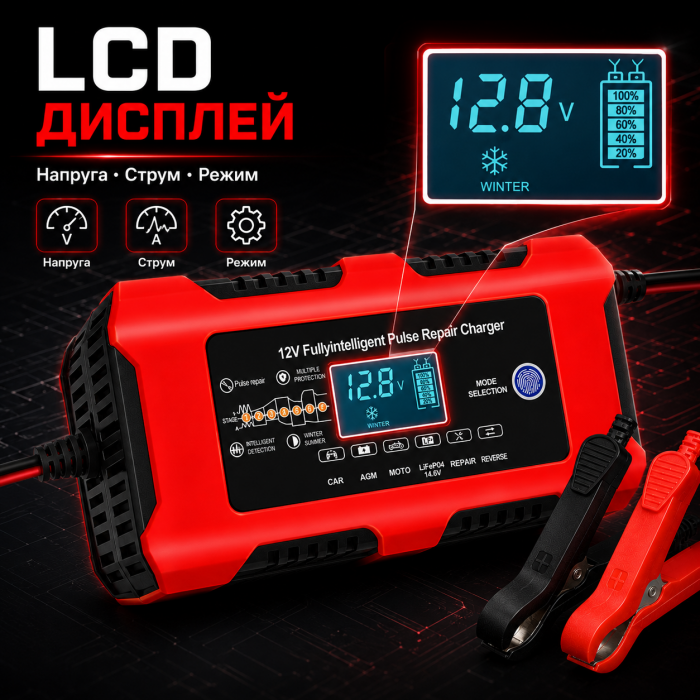Автоматичний зарядний пристрій для акумулятора AGM/GEL/LiFePO4 12В 10А