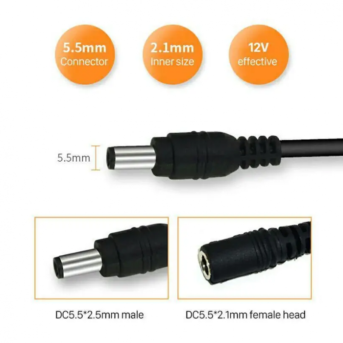 Кабель подовжувач живлення DC 12V 5.5х2.1мм 3 метри